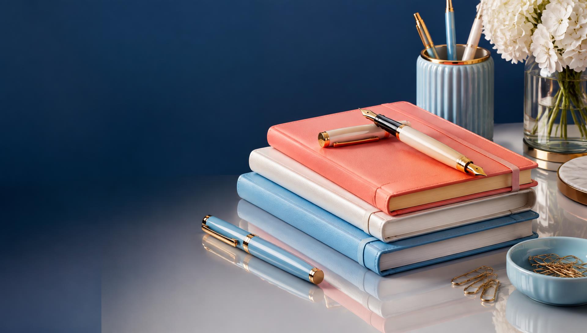 Premium Ohreems journals and pens on a glossy studio surface
